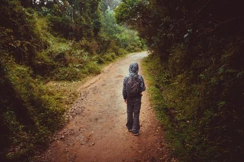Boy with backpack walks on a road Stock Photos