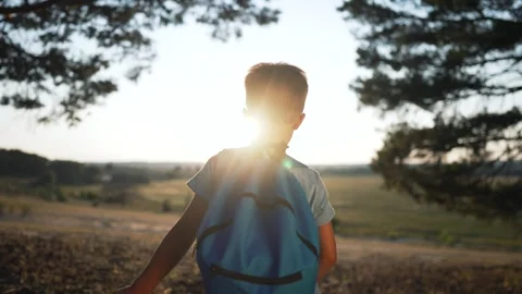 Boy with backpack walks under pine trees at sunset with golden sunburst Vidéo 342604522