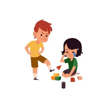 Boy with bad behaviour bullying crying girl, cartoon kid kicking his sister's イラスト素材