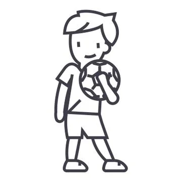 Boy with ball vector line icon, sign, illustration on background, editable Stock Illustration