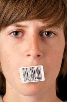 Boy with Bar Code over Mouth Stock-Fotos