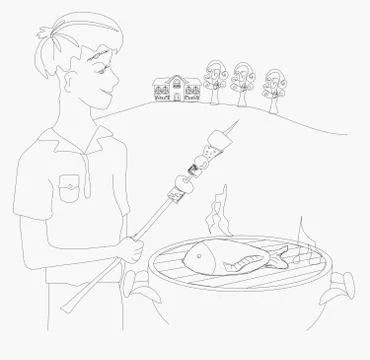Boy barbecuing meat Stock Illustration