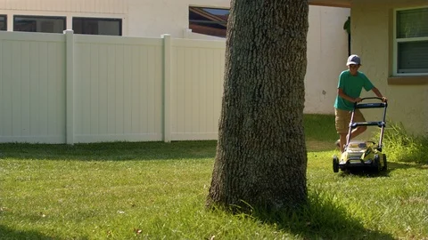 Boy in baseball cap pushes lawn mower past tree twice Stock Footage