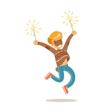 Boy In Bear Make Up With Fireworks, Children In Costume Party Illustration With Stock Illustration