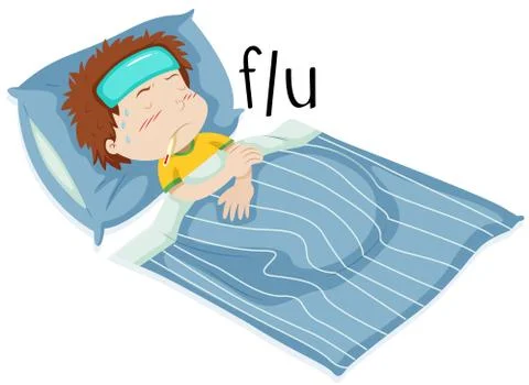 Boy in bed having flue Stock Illustration