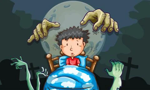 Boy in bed having nightmare Illustration