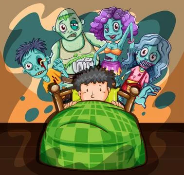 Boy in bed having nightmare Stock Illustration