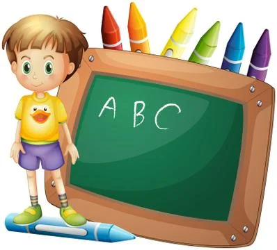 A boy beside a board with crayons at the back 스톡 일러스트