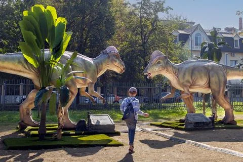 Boy between two real-life-sized dinosaurs at an amusement park Stock Photos