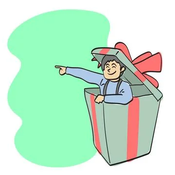 Boy in a big gift box pointing on green blank space illustration vector Stock Illustration