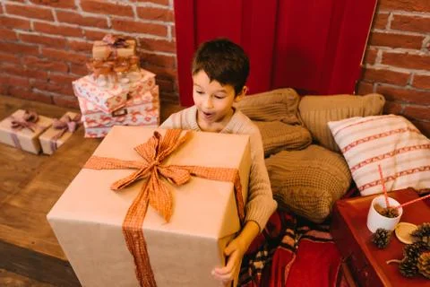 Boy with big gift Stock Photos