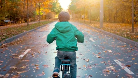 Boy on Bike in Fall Park Pathway. Stock Footage 321179655
