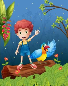 A boy with a bird at the forest Stock Illustration