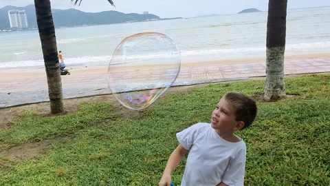 Boy blow big bubble on nature. Stock Footage 266785048
