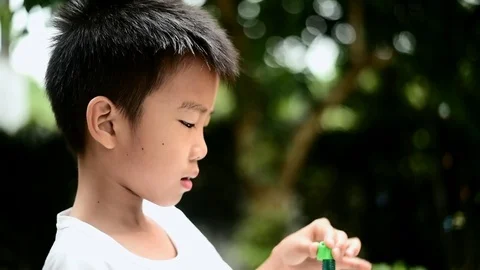 Boy blow a soap bubble in the garden Stock Footage 79335844