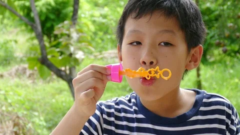 Boy blowing bubble in park Stock Footage 90687892