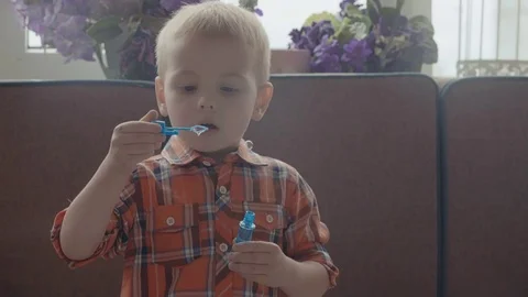 Boy blowing up the soap bubbles Stock Footage 73780261