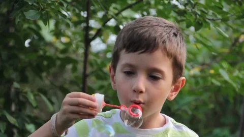 Boy blowing soap bubbles Stock Footage 80446649