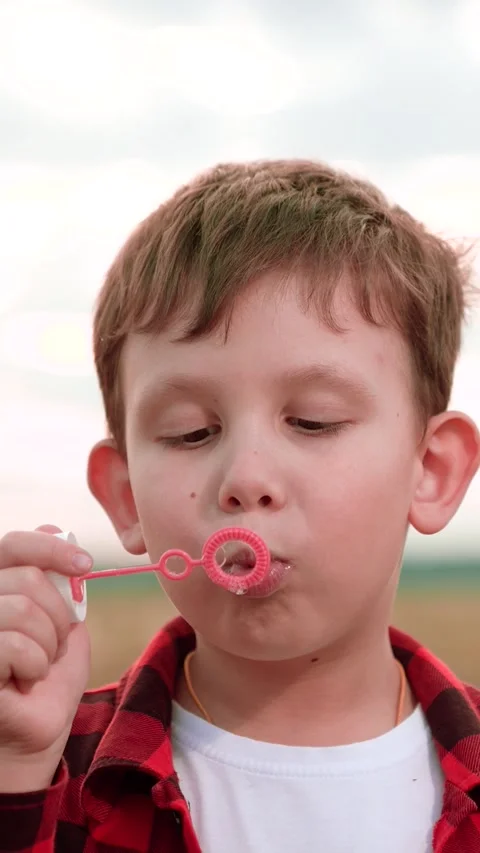 Boy blowing soap bubbles, happy child kid, sunny day bubbles, joyful holiday Stock Footage 288221873