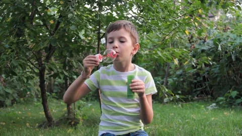 Boy blowing soap bubbles in nature Stock Footage 80462505