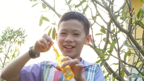 Boy blowing soap bubbles in park Stock Footage 86889608