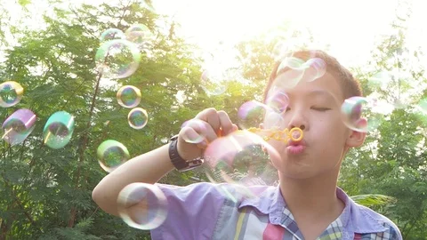 Boy blowing soap bubbles in park Stock Footage 86889781