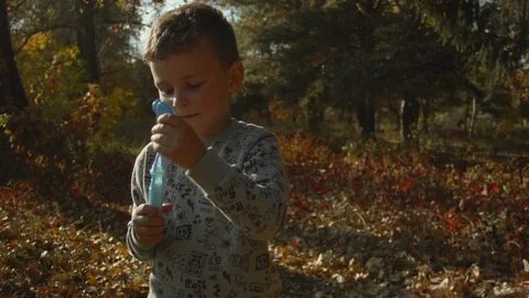 The boy blows soap bubbles in the autumn forest. 스톡 동영상 123408356