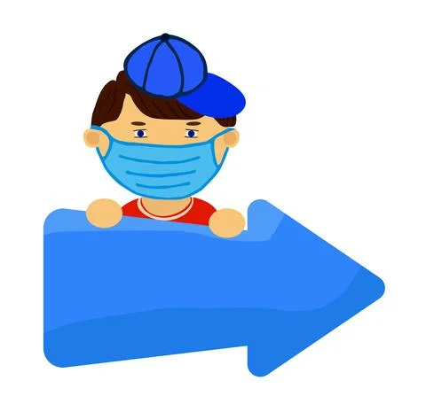 Boy with blue arrow, frame for text, medical mask Stock Illustration