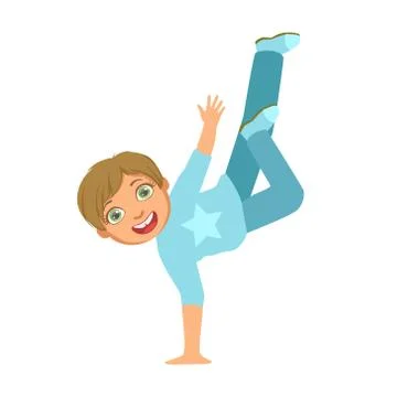 Boy In Blue Dancing Breakdance Performing On Stage, School Showcase Participant Illustrazione stock