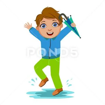 Boy In Blue Jacket With Umbrella , Kid In Autumn Clothes In Fall Season Stock Illustration