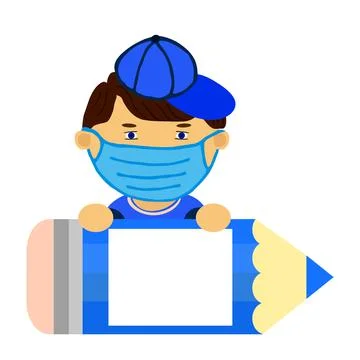 Boy with blue pencil, frame for text, medical mask Stock Illustration
