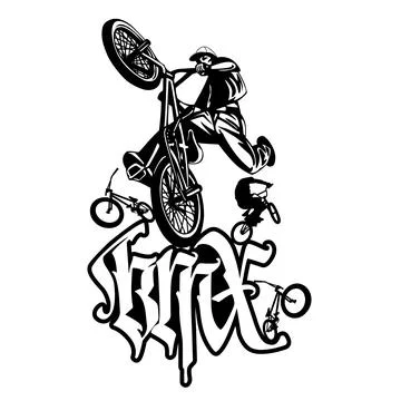 Boy with bmx, vector, bmx freestyle typography emblem, sports logo, Vector. Illustrazione stock