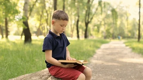 A boy with a book in the park on the mall Stock Footage 76136314