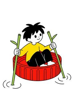 Boy in Bottle Cap Boat Stock Illustration