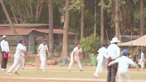 Boy bowling a cricket ball in a local youth game Stock Footage 317603475