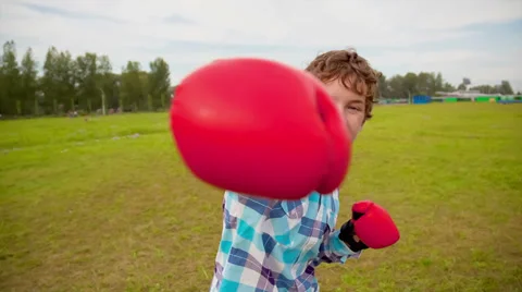 The boy in boxing gloves in a meadow Stock Footage 29630962