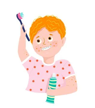 Boy with Braces Brushing Teeth Smiling Stock Illustration