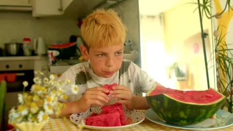 Boy with bright smile devouring refreshing watermelon slices outdoors Stock Footage 320955152