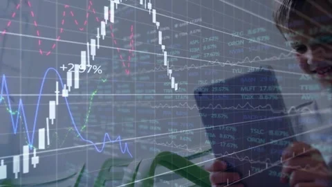 Boy bringing tablet in and tapping, animating finance charts over green bench, Stock Footage 331197708
