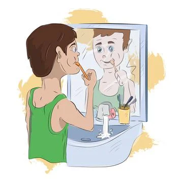 Boy brushes his teeth in front of mirror in bathroom. Daily hygiene routine Stock Illustration