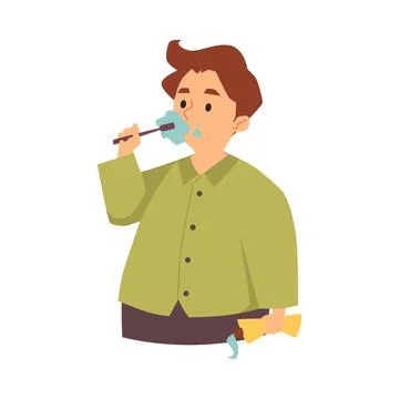 Boy brushes teeth with toothbrush and holds toothpaste, flat vector illustration Ilustración de archivo
