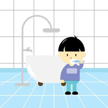 A boy is brushing his teeth in the bathroom 스톡 일러스트