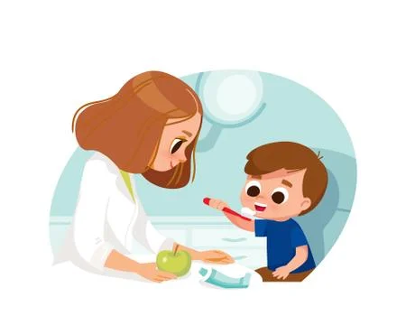 Boy brushing his teeth in a dentist's office. Dental care. Stock Illustration