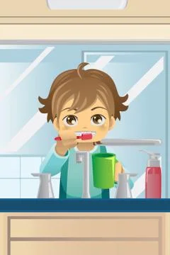 Boy brushing his teeth Stock Illustration