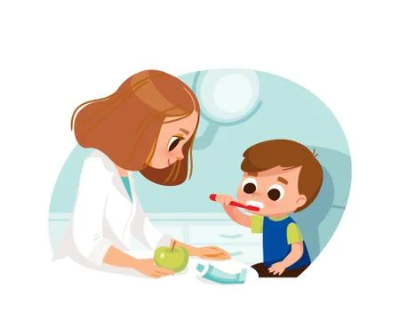 Boy brushing his teeth with toothpaste in a dentist's office. Stock Illustration