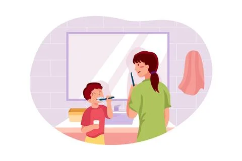 Boy brushing his teeth with toothpaste. Ilustración de archivo