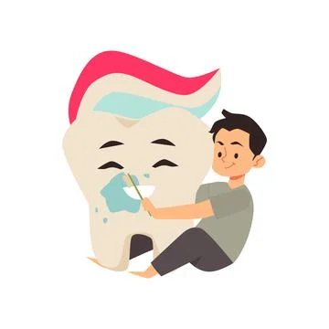 Boy brushing huge molar tooth with toothpaste, vector illustration isolated . Stock Illustration