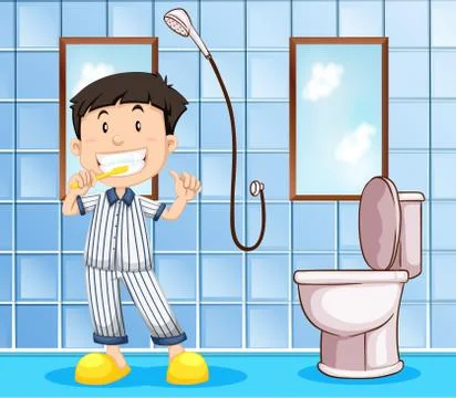 Boy brushing teeth in the bathroom Illustration