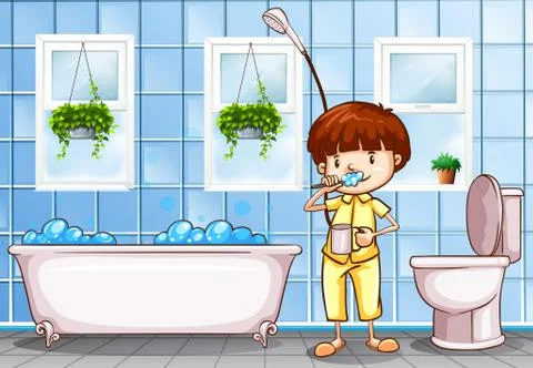 Boy brushing teeth in the bathroom Stock Illustration