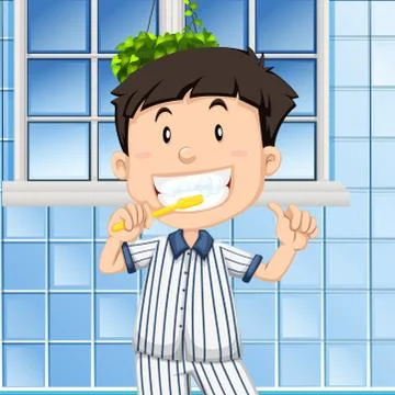Boy brushing teeth in the bathroom Stock Illustration